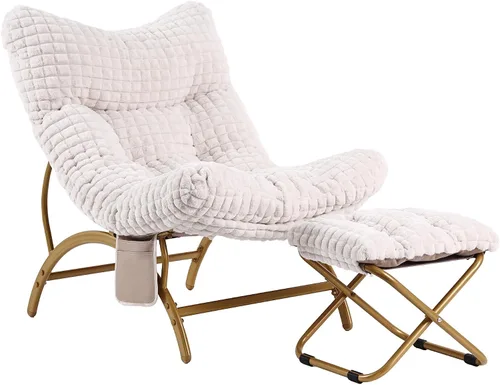 Welnow Silla perezosa beige con otomana, silla de lectura de gran tamaño para adultos, silla de descanso acolchada suave para sala de estar,
