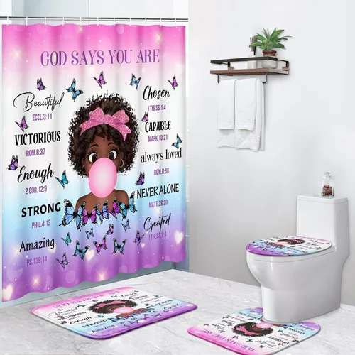 Juego de cortinas de ducha de 4 piezas, pensamientos inspiradores, impermeable, accesorios de baño con alfombras antideslizantes, cubierta para tapa