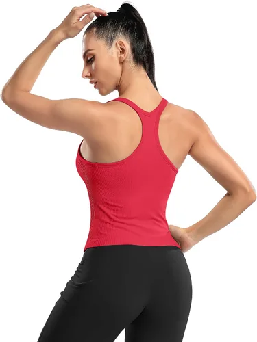 Miniatura 57 de ATTRACO Camiseta corta acanalada de entrenamiento para mujer con brasier integrado para yoga, espalda cruzada, ajuste ajustado