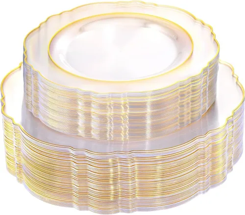 WDF 100 platos de plástico desechables transparentes con ribete dorado, color dorado transparente barroco, incluye 50 platos llanos de 10.25 Claro