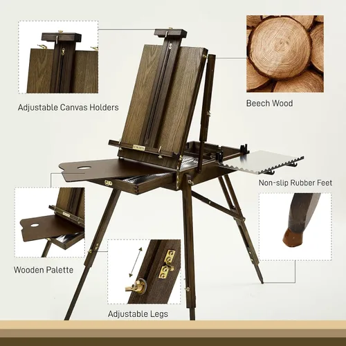 Miniatura 7 de ATWORTH Caballete francés para pintar, campo de madera de haya de lujo y caja de bocetos de estudio con bandeja lateral de metal, portátil y fácil