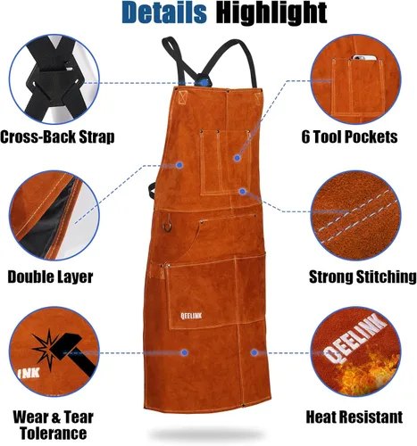 Miniatura 5 de QeeLink Delantal de soldadura de cuero con 6 bolsillos, delantal resistente al calor y al fuego, 24 x 42 pulgadas, ajustable de M a XXXL Marrón