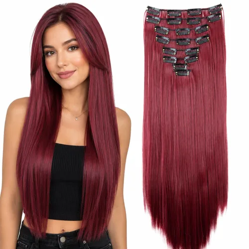 Miniatura 10 de CAISHA XXL - Juego de 8 extensiones de cabello con clip de 24 pulgadas, extensiones de cabello lacio rojo burdeos CES10