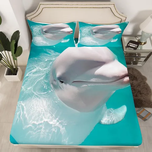 Miniatura 26 de Manfei Juego de sábana bajera de camuflaje de animales marinos, 2 piezas, diseño de camuflaje de tiburones y ballenas, con 1 funda de almohada