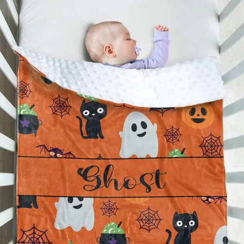 Miniatura 3 de Manta de Halloween personalizada, nombre personalizado con diseños de dibujos animados de Halloween, manta de franela de felpa suave con respaldo