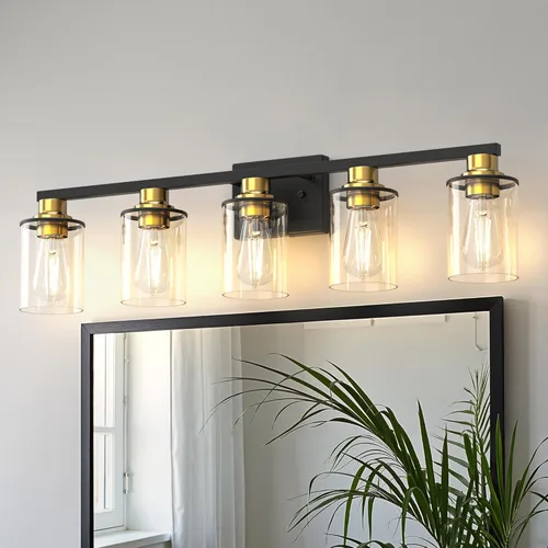 Miniatura 53 de DORESshop Lámparas de baño, 3 luces negras y doradas para baño sobre espejo con pantalla de vidrio transparente, luces de tocador para baño, Negro