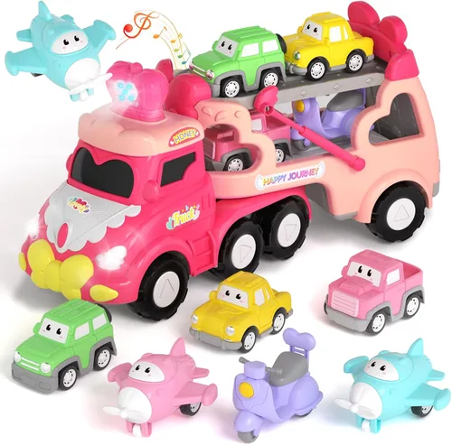 newcrave - Juguetes de camiones para niñas de 1, 2, 3 años, juguetes de autos transportadores 7 en 1 para niñas pequeñas de 1-2, 2-3 años, juguete
