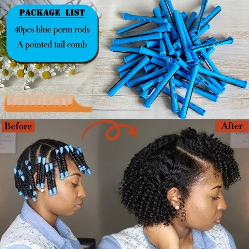 Miniatura 5 de 40 piezas de varillas para permanente para cabello natural, varillas de plástico azul para ondas frías, rodillos para rizar el cabello con peine