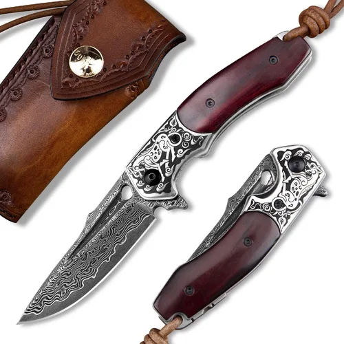 Cuchillo de bolsillo japonés hecho a mano de acero damasco vg10, mango de palisandro, funda, cerradura de forro, cuchillos plegables para acampar al