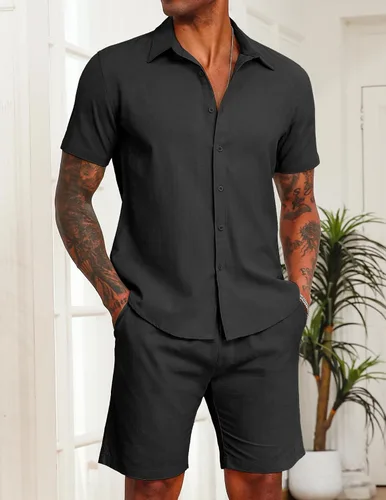 Miniatura 14 de COOFANDY Conjunto de 2 piezas de algodón y lino para hombre, camisas de manga corta con botones, pantalones cortos de playa de verano, trajes