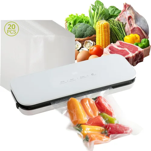 THETCHRY Sellador al vacío para alimentos, 65 kpa de potencia de succión de precisión 6 en 1, ahorrador de alimentos rápido y compacto con 20 bolsas