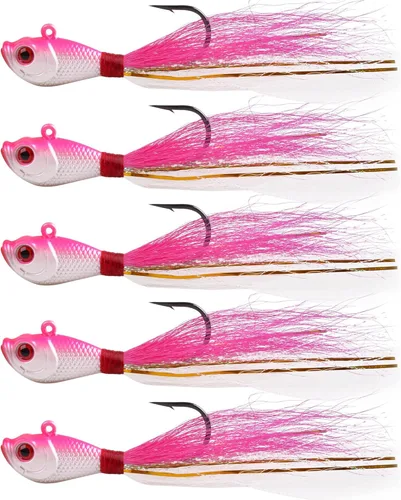 Miniatura 8 de Bucktail Jigs - Señuelo de agua salada para platija de bajo, 5 piezas de cola de cubo para cabello de cola de cubo, anzuelos de cola de cubo