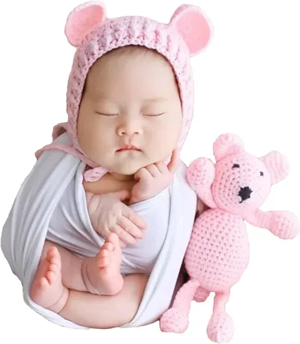 Miniatura 8 de Accesorios de fotografía para recién nacidos, sombrero de oso, sesiones de fotos de bebé, trajes de fotos para posar fotos de ganchillo, oso muñeca
