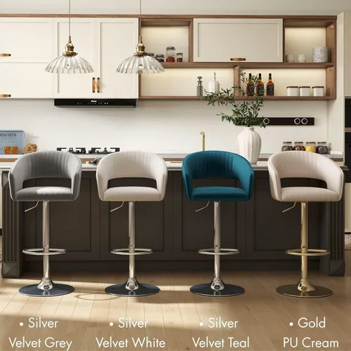 Miniatura 8 de Hyfirm Juego de 2 modernas sillas de bar de cocina con base cromada dorada, taburetes de bar giratorios ajustables con respaldo y reposapiés