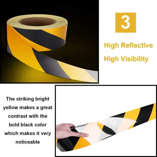 Miniatura 3 de Cinta de seguridad reflectante impermeable en rollo de 2"X150' amarilla y negra con rayas, cinta de marcación de piso, cinta de advertencia