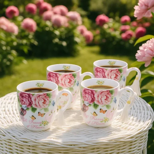 Miniatura 2 de London Boutique Juego de tazas de café de té, 4 porcelana, pájaro, rosa, mariposa, diseño Shabby Chic en caja de regalo, 11 oz