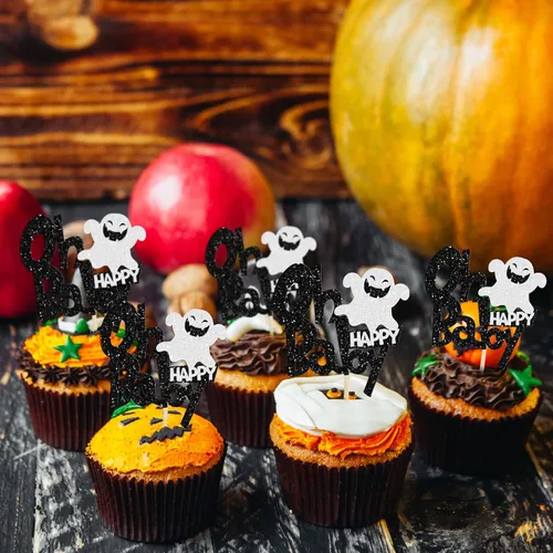 Miniatura 6 de Ephlyn 24 adornos negros para cupcakes con temática de Halloween, baby shower, niños, fiesta de cumpleaños, suministros de decoración de pasteles