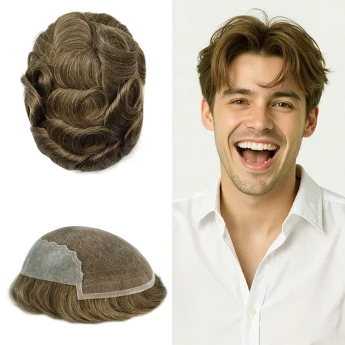 Miniatura 29 de Toupee - Sistemas de reemplazo de cabello para hombre, encaje frontal suizo, nudo blanqueado, pieza de cabello humano natural 1# negro azabache, 8 x