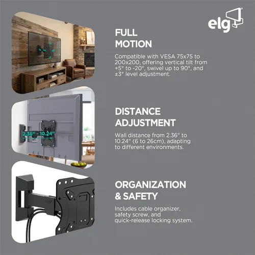 Miniatura 4 de ELG Soporte de pared articulado de movimiento completo para pantallas de 12-42 pulgadas con giratorio, inclinación y extensión, soporta un máximo