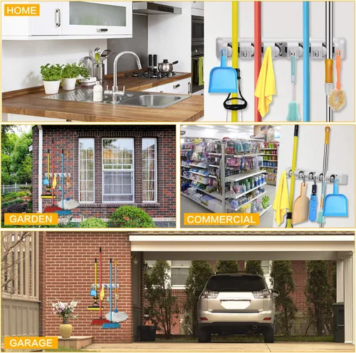 Miniatura 7 de CHAMPS Soporte para escoba de fregona montado en la pared, organizador comercial para herramientas de jardín, cocina, garaje y lavandería