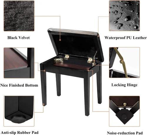 Miniatura 3 de Bonnlo Banco de piano acolchado de madera con almacenamiento de música, taburete para teclado, banco de artista, taburete copetudo, color negro