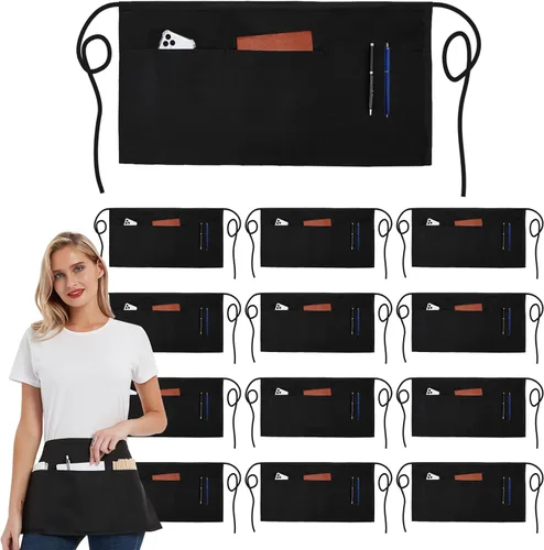 DUSKCOVE Paquete de 12 delantales de servidor con 3 bolsillos, medio delantal para camarera para mujeres y hombres, resistente al agua con correa