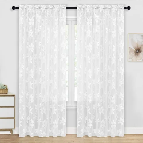 Miniatura 53 de DWCN Paquete de 2 cenefas de encaje floral para cocina, 52 x 18 pulgadas, con bolsillo para barra, cortina de gasa para ventana pequeña, cocina