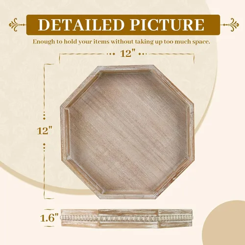 Miniatura 2 de MAONAME Bandeja de Madera para Servir, Bandeja de Madera Estilo Granja con Cuentas, Bandeja Octogonal para Servir Blanca Lavada, Bandeja de Mesa