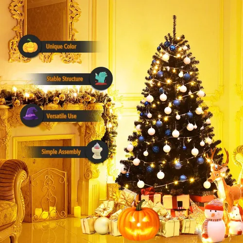 Miniatura 5 de Goplus Árbol de Navidad negro sin luz de 7.5 pies, árbol de Halloween artificial con 1258 puntas de rama, soporte de metal, árbol completo