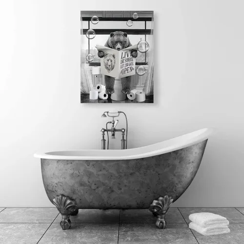 Miniatura 5 de Lienzo decorativo de osos divertidos para pared, cuadros en blanco y negro, decoración de pared de baño, oso sentado en el inodoro, lectura