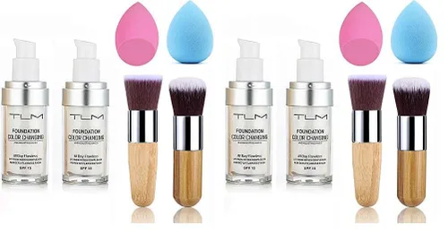 Miniatura 6 de 2 piezas TLM Base líquida de cambio de color con 2 pinceles y 2 esponjas cosméticas, base de maquillaje para una cobertura completa y natural