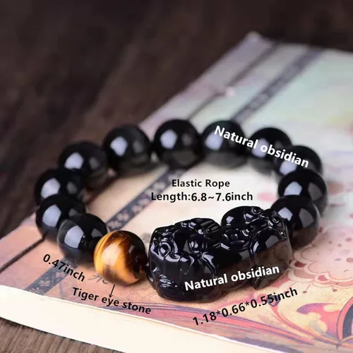 Miniatura 36 de Pulsera de obsidiana negra, pulsera de obsidiana negra Feng Shui para mujeres y hombres, pulsera elástica de obsidiana con piedra de ojo de tigre