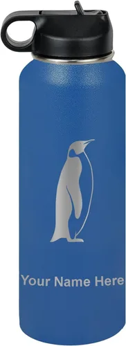 Miniatura 24 de LaserGram Botella de agua personalizada, pingüino, acero inoxidable de doble pared aislada al vacío con popote superior, regalo grabado
