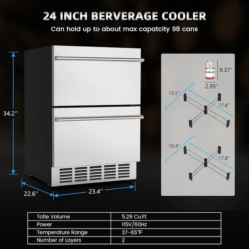 Miniatura 7 de Mojgar Refrigerador de doble cajón bajo mostrador de 24 pulgadas, refrigerador de dos cajones para interiores, refrigerador de bebidas de acero