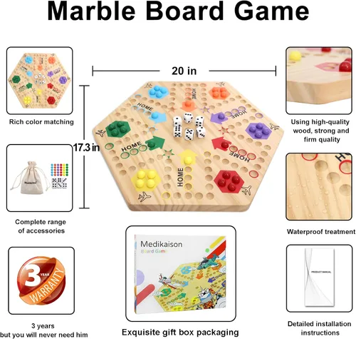 Miniatura 3 de Wahoo - Juego de mesa de mármol para 4 y 6 jugadores, juego de mesa de madera gruesa pintada de 2 caras para fiesta de familiares y amigos