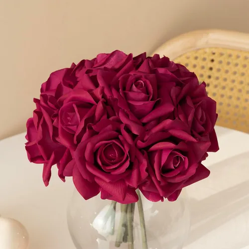 Miniatura 14 de DUYONE Rosas artificiales de un solo tallo 10 piezas de arreglo floral de seda falsa para decoración del hogar, fiesta, boda (rosa claro)