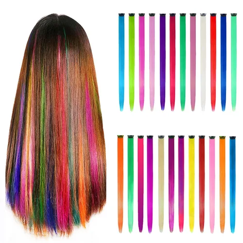 24 extensiones de cabello con clip de color, 22 pulgadas de largo, lacio, sintético, multicolor, resaltado para fiestas, para mujeres y niñas (24 1