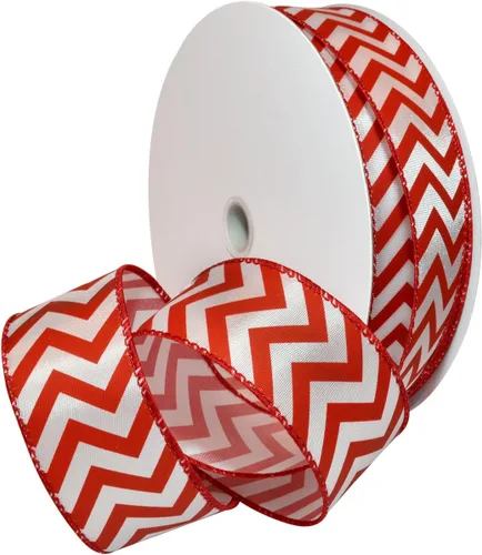 Miniatura 3 de Morex Ribbon Cinta de poliéster Chevron de menta con cable, 2-1/2"/50 yardas, rojo/blanco