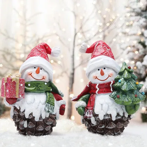 Miniatura 4 de Hodao 2 piezas Figuras de muñeco de nieve de Navidad, conos de pino de Navidad, decoraciones de muñeco de nieve de Navidad, figuras de muñeco