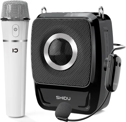 SHIDU Amplificador de voz de pico de 50 W con micrófono inalámbrico y auricular de mano, micrófono portátil y altavoz para profesores de 5200 mAh,