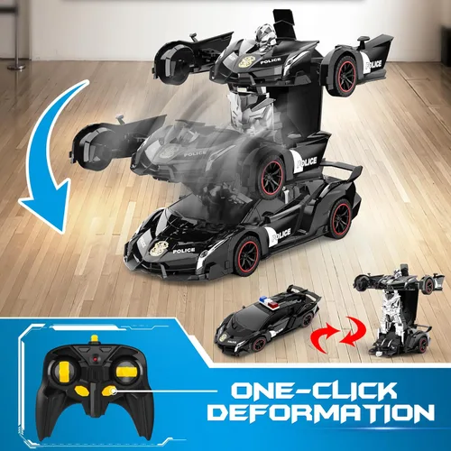 Miniatura 4 de FDJ - Auto a control remoto que se transforma en robot, transformación con un botón a robot con luz intermitente, juguete de policía para niños