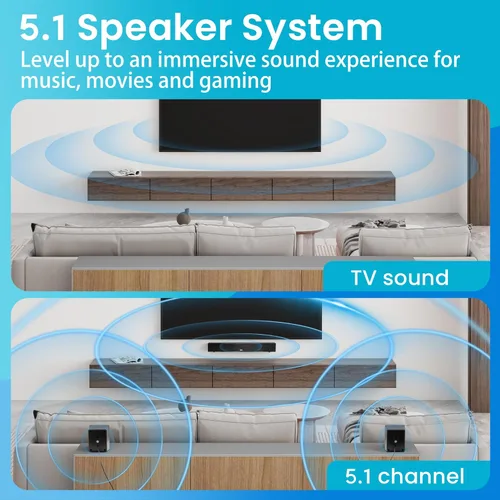 Miniatura 3 de Acoustic Audio 5.1 Barra de sonido envolvente para cine en casa con Bluetooth, RCA, óptico, ARC, AUX, subwoofer inalámbrico y control remoto