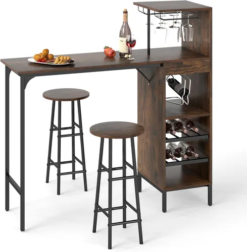 Miniatura 11 de GOFLAME Juego de mesa de bar para 2, juego de mesa de comedor de altura de mostrador con estantes, portavasos y estante para vino, juego de mesa