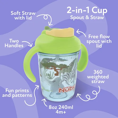 Miniatura 2 de Nuby Taza multifunción 2 en 1 para niños pequeños con popote con peso de 360° y boquilla dura, 8 onzas, asas de fácil agarre y tapa abatible, más