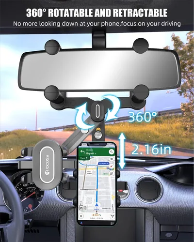 Miniatura 3 de Soporte para teléfono con espejo retrovisor, soporte para teléfono de automóvil mejorado de 4 garras, giratorio de 360° y retráctil, soporte