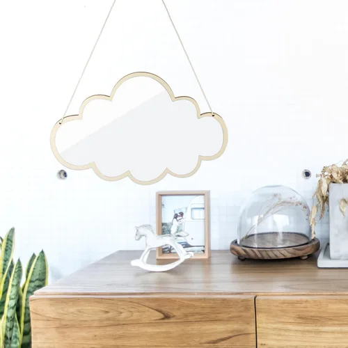 Miniatura 8 de HOMSFOU Espejo de pared colgante nórdico, espejo decorativo en forma de nube con marco de madera y cuerda de cáñamo para baño, dormitorio