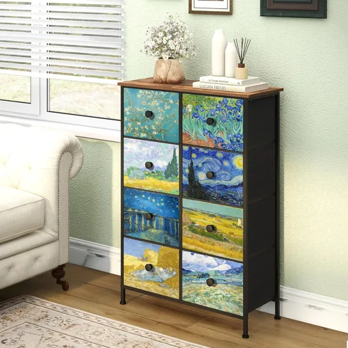 Miniatura 2 de EXOTICA Cómoda alta con 8 cajones para dormitorio, cómoda estrecha de cajones Van Gogh para pasillo, clóset, sala de estar, marco de acero, rústico