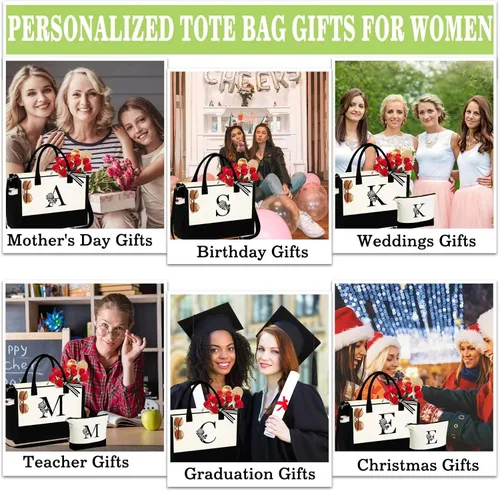 Miniatura 6 de YOOLIFE Bolsa de lona personalizada con inicial con bolsa de maquillaje, bolsa de playa con cremallera correa ajustable, regalos de cumpleaños