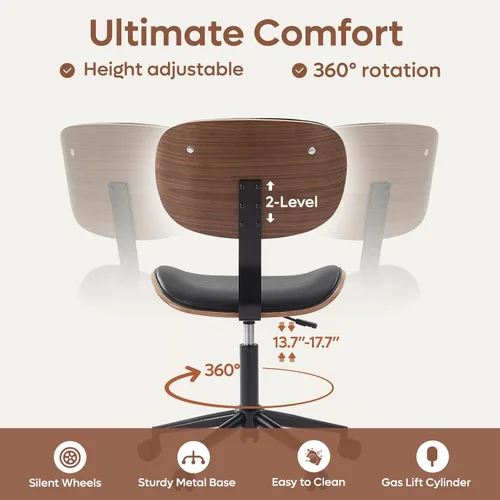 Miniatura 2 de Bestier Silla de oficina pequeña con soporte de respaldo de madera curvada, silla de escritorio sin brazos con giro de 360°, silla de computadora