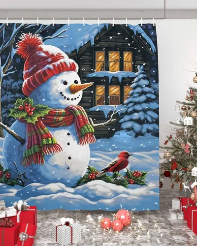 Miniatura 5 de Cortina de ducha con diseño de cardenales de muñeco de nieve para baño, casa de nieve de Navidad, pájaros rojos, lindo muñeco de nieve, sombrero